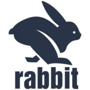 A dark blue silhouette of a rabbit in a dynamic, mid-jump pose, with the word "rabbit" in matching dark blue lowercase letters directly beneath it.