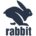 A dark blue silhouette of a rabbit in a dynamic, mid-jump pose, with the word "rabbit" in matching dark blue lowercase letters directly beneath it.