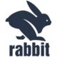 A dark blue silhouette of a rabbit in a dynamic, mid-jump pose, with the word "rabbit" in matching dark blue lowercase letters directly beneath it.