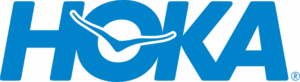 A blue logo for "HOKA" with a stylized swoosh design integrated into the "O". The swoosh is white with a blue outline.
