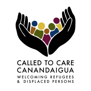 The logo for 'Called to Care Canandaigua, Welcoming Refugees & Displaced Persons' shows two black hands cupping and supporting a diverse group of stylized figures in various colors.