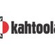A black and white logo for Kahtoola. The word "kahtoola" is in lowercase, bold black letters. To the left is a circular design split vertically: the right half is a solid red semi-circle, and the left half is a black semi-circle made of snowflake-like spoke segments.