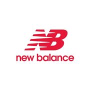 The New Balance logo, featuring a stylized, abstract 'N' mark composed of several horizontal, diagonal, and curved red lines, positioned above the words 'new balance' written in a smaller, lowercase, black sans-serif typeface. The background is white.