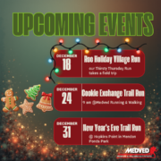 A graphic listing three upcoming running events in December with a holiday theme. Events include the "Roc Holiday Village Run" on December 18, a "Cookie Exchange Trail Run" on December 24 at 9 am, and a "New Year's Eve Trail Run" on December 31 at Hopkins Point in Mendon Ponds Park. The image features Christmas lights, gingerbread cookies, and the logo for Medved Running & Walking Outfitters.