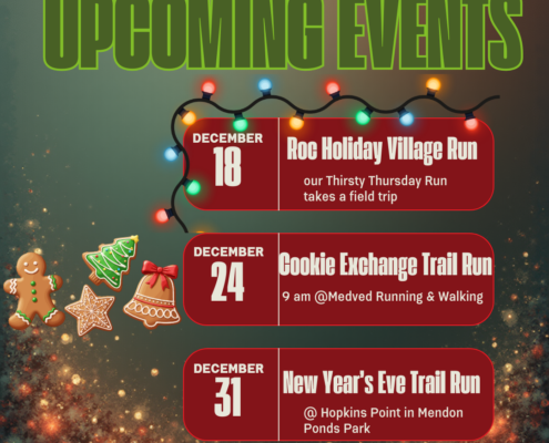 A graphic listing three upcoming running events in December with a holiday theme. Events include the "Roc Holiday Village Run" on December 18, a "Cookie Exchange Trail Run" on December 24 at 9 am, and a "New Year's Eve Trail Run" on December 31 at Hopkins Point in Mendon Ponds Park. The image features Christmas lights, gingerbread cookies, and the logo for Medved Running & Walking Outfitters.