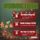 A graphic listing three upcoming running events in December with a holiday theme. Events include the "Roc Holiday Village Run" on December 18, a "Cookie Exchange Trail Run" on December 24 at 9 am, and a "New Year's Eve Trail Run" on December 31 at Hopkins Point in Mendon Ponds Park. The image features Christmas lights, gingerbread cookies, and the logo for Medved Running & Walking Outfitters.