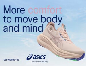 ASICS GEL-NIMBUS 28 advertisement. Text: More comfort to move body and mind. Image features a peach-colored running shoe and a mint green running shoe floating against a blue sky. ASICS logo: sound mind, sound body.