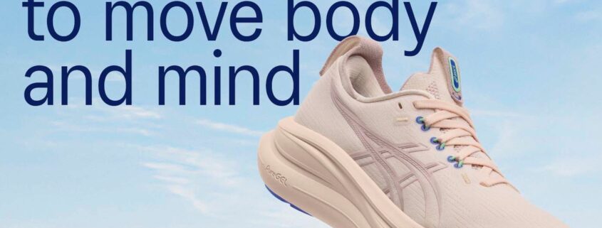 ASICS GEL-NIMBUS 28 advertisement. Text: More comfort to move body and mind. Image features a peach-colored running shoe and a mint green running shoe floating against a blue sky. ASICS logo: sound mind, sound body.