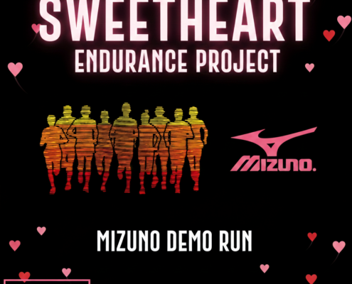 Promotional graphic for the "Sweetheart Endurance Project" featuring a Mizuno Demo Run. The image shows a silhouette of a group of runners in sunset colors against a black background with floating pink hearts. Text includes: Feb 14th @ 8 AM at Medved Running & Walking Outfitters.