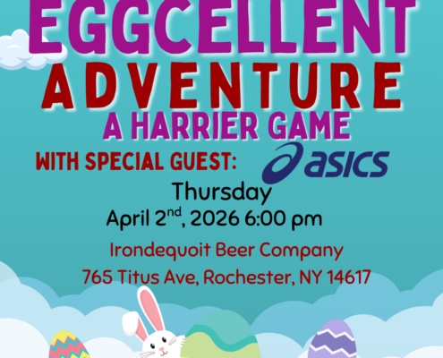 Promotional flyer for "Medved Running & Walking Outfitters Eggcellent Adventure: A Harrier Game," featuring special guest ASICS. The event takes place on Thursday, April 2nd, 2026, at 6:00 pm at Irondequoit Beer Company, located at 765 Titus Ave, Rochester, NY 14617. The background features a playful spring landscape with rolling green hills, a blue sky with clouds, colorful patterned Easter eggs, and a white cartoon bunny peeking from behind a large egg. The website is listed at the bottom.