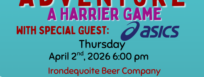 Promotional flyer for "Medved Running & Walking Outfitters Eggcellent Adventure: A Harrier Game," featuring special guest ASICS. The event takes place on Thursday, April 2nd, 2026, at 6:00 pm at Irondequoit Beer Company, located at 765 Titus Ave, Rochester, NY 14617. The background features a playful spring landscape with rolling green hills, a blue sky with clouds, colorful patterned Easter eggs, and a white cartoon bunny peeking from behind a large egg. The website is listed at the bottom.