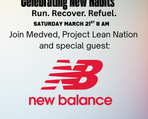 Digital event flyer with a gradient background fading from light blue at the top to light red at the bottom. At the very top left is the MEDVED Running & Walking Outfitters logo, and at the top right is the Project LeanNation logo with the tagline ‘Eat Clean. Live Lean.’ Large bold headline in black reads: ‘Celebrating New Habits.’ Subheadline underneath in black: ‘Run. Recover. Refuel.’ In smaller black text below: ‘Saturday March 21st 8 AM.’ Main body text in black: ‘Join Medved, Project Lean Nation and special guest:’ Centered below is the red New Balance logo with the large stylized ‘NB’ letters and the words ‘new balance’ underneath. At the bottom in smaller text: ‘For our Community Run Club at Project Lean Nation! Runners enjoy $5 shakes, group nutrition consults, and exclusive PLN+ membership discounts after every run. Fuel smarter, recover better, and connect with a community that supports your goals.