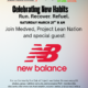 Digital event flyer with a gradient background fading from light blue at the top to light red at the bottom. At the very top left is the MEDVED Running & Walking Outfitters logo, and at the top right is the Project LeanNation logo with the tagline ‘Eat Clean. Live Lean.’ Large bold headline in black reads: ‘Celebrating New Habits.’ Subheadline underneath in black: ‘Run. Recover. Refuel.’ In smaller black text below: ‘Saturday March 21st 8 AM.’ Main body text in black: ‘Join Medved, Project Lean Nation and special guest:’ Centered below is the red New Balance logo with the large stylized ‘NB’ letters and the words ‘new balance’ underneath. At the bottom in smaller text: ‘For our Community Run Club at Project Lean Nation! Runners enjoy $5 shakes, group nutrition consults, and exclusive PLN+ membership discounts after every run. Fuel smarter, recover better, and connect with a community that supports your goals.