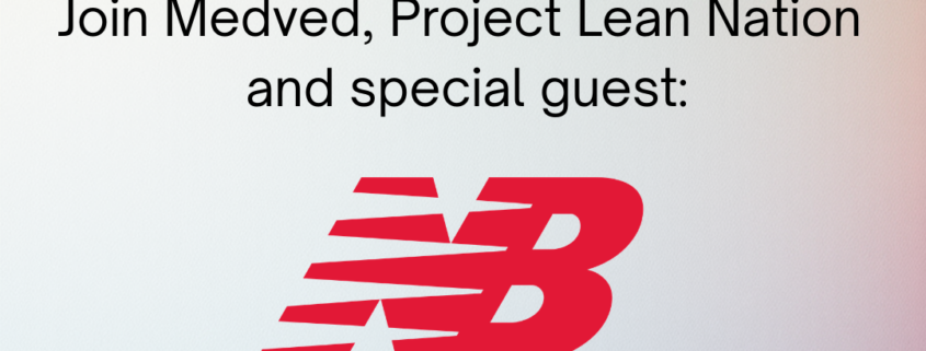 An event flyer for a community run event titled "Celebrating New Habbits: Run. Recover. Refuel." The top of the flyer features the logos for "Medved Running & Walking Outfitters" and "Project LeanNation." The middle of the flyer states that the event takes place on Saturday, March 21st at 8:00 AM. It invites readers to join Medved, Project LeanNation, and special guest New Balance, whose large red logo is centered on the page. The bottom text provides details for the Community Run Club at Project LeanNation, noting that runners can enjoy $5 shakes, group nutrition consults, and exclusive PLN+ membership discounts after the run to help them fuel smarter and connect with the community.