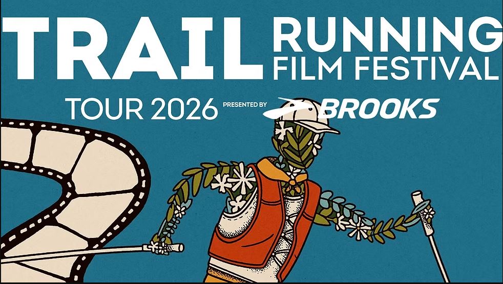 An illustration for the Trail Running Film Festival Tour 2026, presented by Brooks. The image features a teal background with bold white text at the top. Below the text, a stylized, runner-like figure is depicted with limbs made of green leafy vines and white flowers. The figure wears an orange running vest, a white hat, and holds trekking poles. To the left, a section of a film strip curves into the frame, resembling a winding trail.