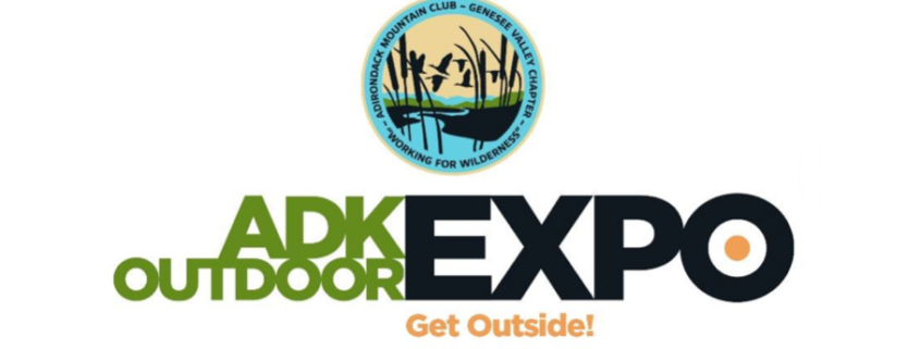 Logo for the ADK Outdoor Expo. At the top is a circular seal for the Adirondack Mountain Club - Genesee Valley Chapter, featuring silhouettes of flying ducks and cattails against a yellow and blue sky, with the motto "Working for Wilderness" at the bottom. Below the seal, the main text reads "ADK OUTDOOR EXPO" in a bold font, with "ADK OUTDOOR" in green and "EXPO" in large black letters with an orange target-like center in the letter 'O'. At the very bottom, the tagline "Get Outside!" is written in orange script.