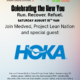 Promotional flyer for a community run event titled "Celebrating the New You: Run. Recover. Refuel." happening Saturday, August 15th at 9 AM. Logos for Medved Running & Walking Outfitters, Project LeanNation, and special guest Hoka are prominently displayed. The bottom text details community run club perks at Project LeanNation, including $5 shakes, group nutrition consults, and exclusive PLN+ membership discounts.