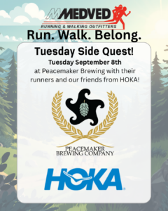 Event flyer for Medved Running & Walking Outfitters' "Tuesday Side Quest" on September 8th at Peacemaker Brewing Company, featuring HOKA.
