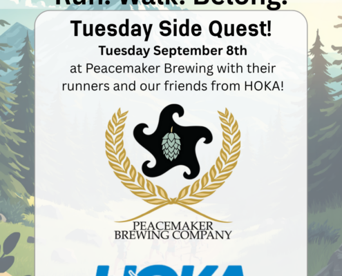 Event flyer for Medved Running & Walking Outfitters' "Tuesday Side Quest" on September 8th at Peacemaker Brewing Company, featuring HOKA.